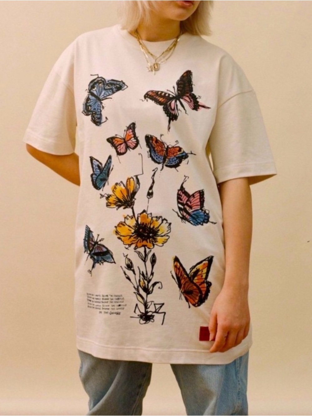 CHNGE Cream Graphic T-Shirt Dress with Butterfly & Floral Print